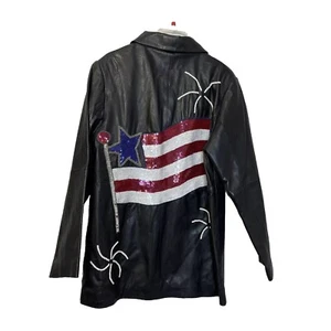 NWT The Quacker Factory Black Leather Patriotic Flag Jacket Sequins Size Large - Picture 1 of 11