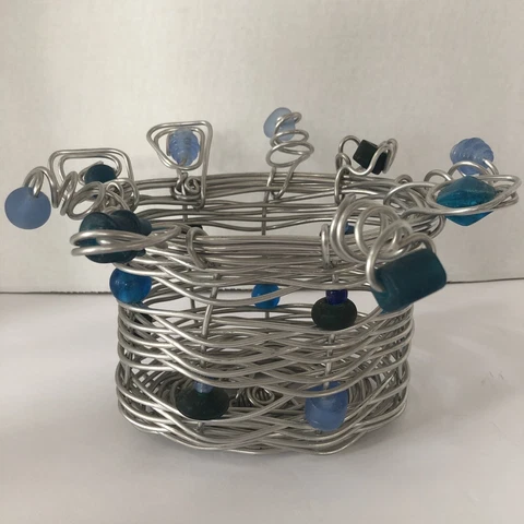 Vtg Handmade Metal Wire Beaded Basket Silver Tone Blue Glass Beads No Handle Cover