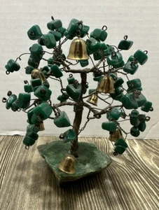 Pietra verde albero della vita vintage su base pietra naturale campane ottone cristalli curativi - Foto 1 di 7