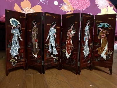 Paravent Miniature Ancien Bois Laque Et Nacre Vietnam - Photo 1/4