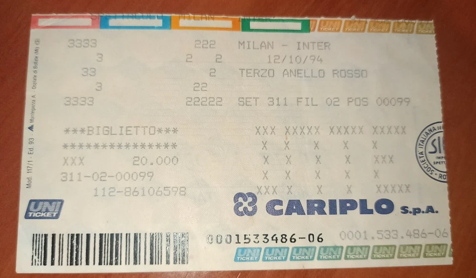 TICKET BIGLIETTI AC MILAN INTER MILANO 94 95 DERBY - Immagine 1 di 1