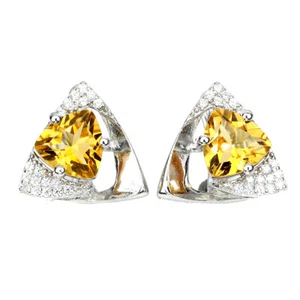 925 Sterling Silver Trilliant Yellow Citrine 7mm Simulated Cz Earrings - Picture 1 of 10