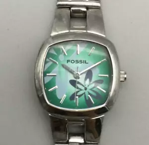 Fossil Watch Women 28mm Silver Tone Green Floral Dial ES-1445 New Battery 6" - Picture 1 of 11