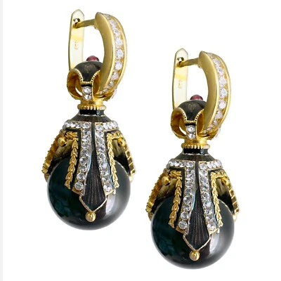 Black Onyx 925 Sterling Faberge Egg Earrings Swarovski Crystals Enamel Garnets - Image 1 of 4