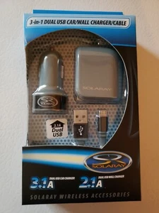 New SOLARAY 3 In 1 Dual USB Car & Wall Charger With Micro USB Cable, Gray & Blk - Picture 1 of 2