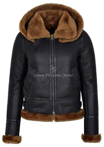 Ladies Sheepskin Jacket Brown FUR Hooded B3 Flying Real Shearling Hoodie Jacket - Picture 1 of 11