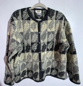 Vtg Talbots Cardigan Sweater XL Ivory Black Leaves Wool Grandmacore Academia - Picture 1 of 10