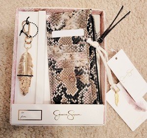 Jessica Simpson 2 pc Gift Set Natural Python Card Case Wallet & Feather Keychain