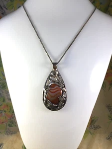 Vintage 1970s Dansk Smykkekunst Pendant Necklace with Banded Agate, 24" chain - Picture 1 of 10