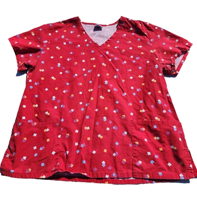 Unbranded  Womens Scrub Top Size L Short Sleeve Cotton Red Confetti Pattern - Image 1 of 4