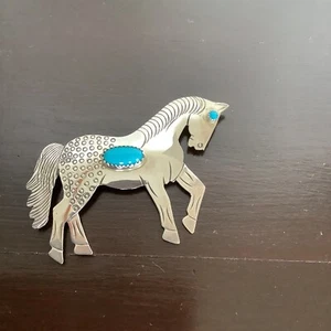 Sterling & Turquoise Horse Brooch by Frank Yazzi-Zuni - Picture 1 of 6