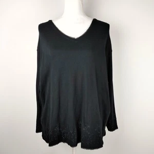 Women's Bill Blass V-neck Shirt Top 3/4 Sleeve Embroidered Flowers Black Plus - Picture 1 of 18