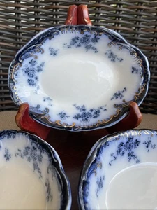 3 Antique Ridgways Chiswick Flow Blue Gold Edged Oval Fruit / Dessert Bowls RARE - Picture 1 of 9