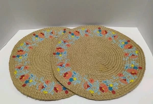 Jute Gewebt Tischset 15" Rund Bestickt Matten Blumenmuster 2er Set - Bild 1 von 3