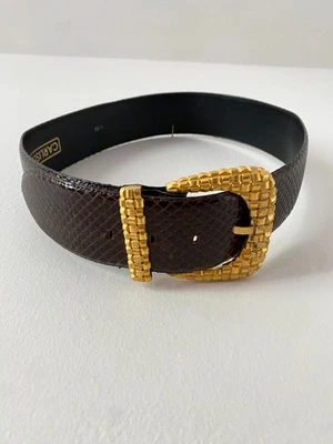 Vintage 1980s 1990s Brown Leather & Gold Braided Statement Buckle Belt Medium - Image 1 of 4