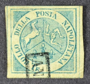 Naples Italy stamp 1858 1/2g blue used - has a thin (HcG16) - Picture 1 of 2