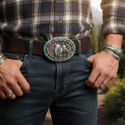 Men Silver Metal Belt Buckle Native Indian Warrior Horse Cowboy Southwester Look - Image 1 of 4