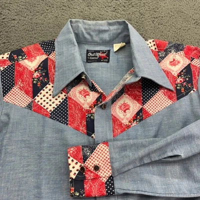 Vintage Out West Campus Western Cowboy Shirt Patchwork Chambray Mens M 15/15.5 - Image 1 of 4