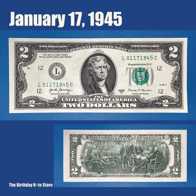 January 17, 1945 Birthday Anniversary $2 Two Dollar Bill Serial Number 01171945 - Image 1 of 2