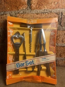 Vintage 4 Piece Bar Set Mid Century Cork Screw Bottle Opener Wooden Handle - Picture 1 of 4