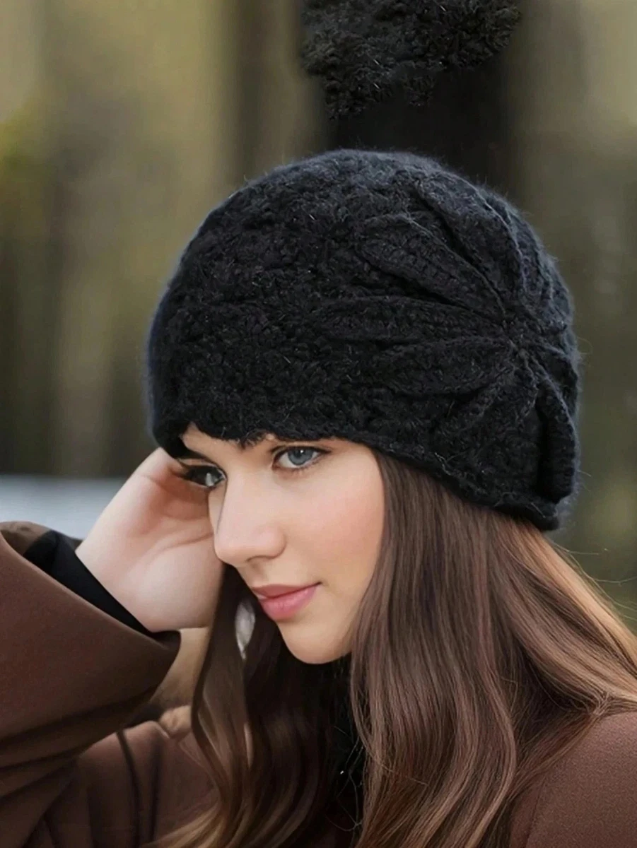 Super Soft Flower Lace Knit Beanie For Women - One Size Beige Slouch Hat
