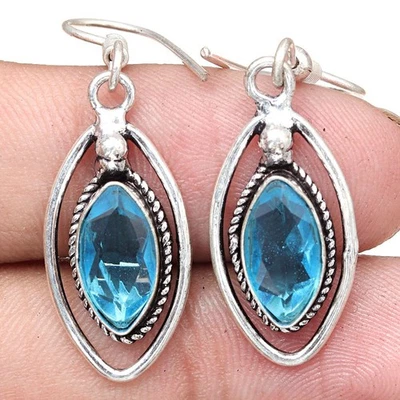 Swiss Blue Quartz Gemstone Gift For Her Silver Jewelry Earrings 1.75" - Image 1 of 4