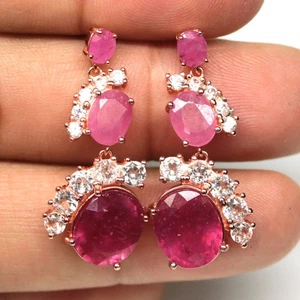925 Sterling Silver Red Pink Ruby & Zircon Jewelry Earrings Rose Gold Coated - Picture 1 of 4