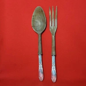 Wooden Salad Fork and Spoon Silver Plate Handles - Picture 1 of 10