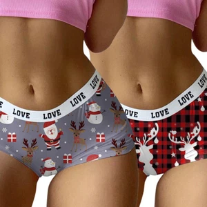 Women Christmas Print Shorts Funny Boxer Brief Underwear Boyshort Ladies Bikin & - Picture 1 of 21