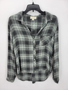 Top de tela y piedra para mujer mediano negro gris a cuadros manga larga con botones boho - Imagen 1 de 8