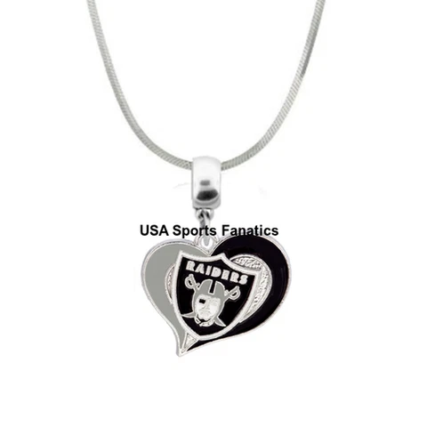 NFL Oakland Raiders Heart Swirl Logo Pendant Necklace On A 925 Snake Chain Cover