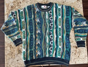 Vintage 90s Florence Tricot 3D Textured Coogi Style Multicolor Sweater Mens L - Picture 1 of 10