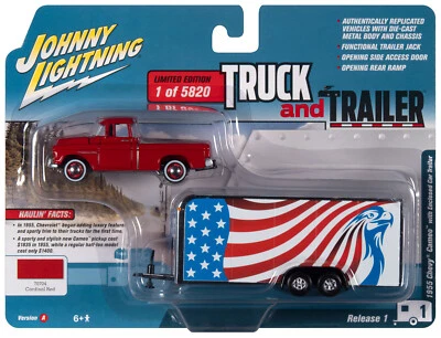 Johnny Lightning *TRUCK & TRAILER* Red 1955 Chevy Cameo w/ENCLOSED TRAILER NIP - Image 1 of 2
