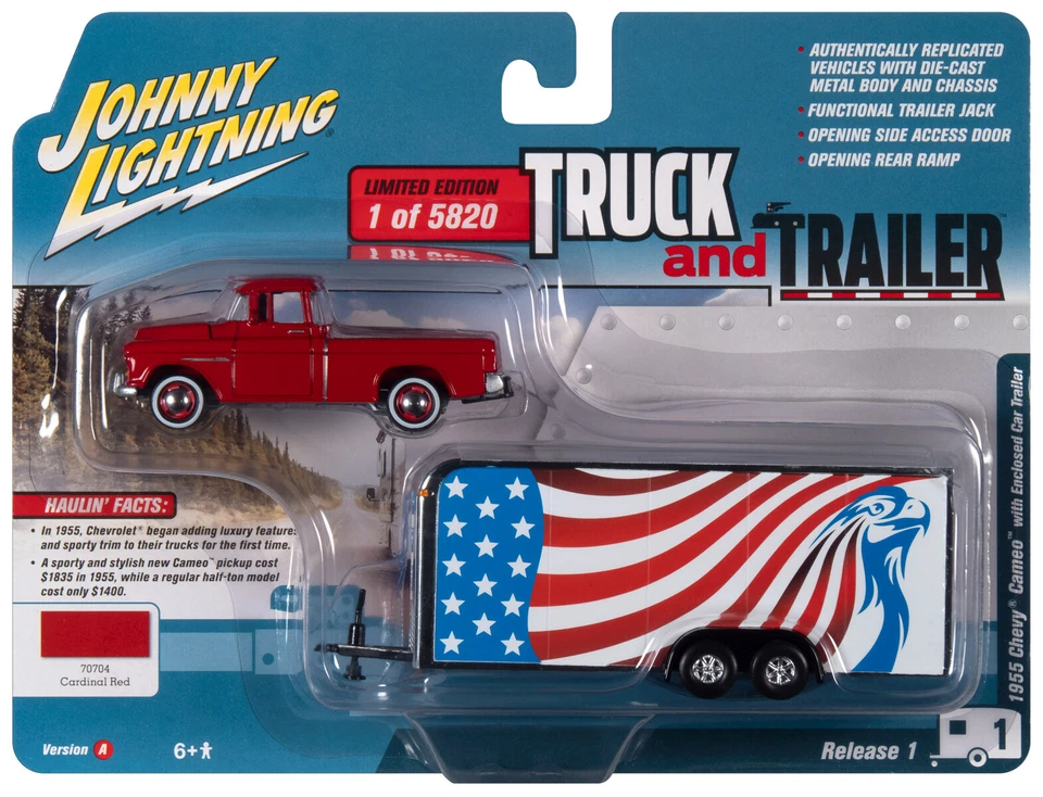 Johnny Lightning *TRUCK & TRAILER* Red 1955 Chevy Cameo w/ENCLOSED TRAILER NIP - Image 1 of 2