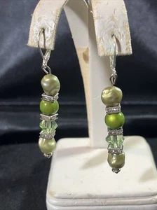 Shades Of Green Beads And Crystal Accent Dangle Earrings 4-5 - Picture 1 of 7