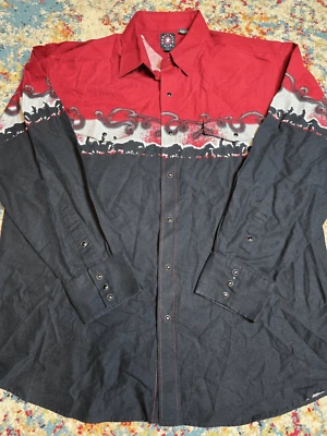 Panhandle Pearl Snap Western Shirt Mens Size XL Cowboys Horses Lasso Red Black - Image 1 of 4