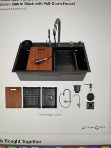 DeerValley Drop-In Single Bowl Kitchen Sink in Black w/ Pull Down Faucet - Picture 1 of 5