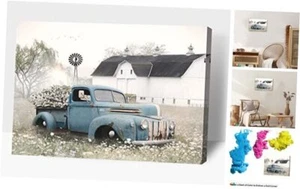 Farmhouse Old Truck Canvas Wall Art, Old Barn 18L" x 12W" New Truck - 08 - Picture 1 of 8