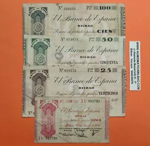 BILBAO 4 Billetes EUSKADI 5+25+50+100 PESETAS 1936 España tipo TALÓN Euzkadi T/9 - Imagen 1 de 5