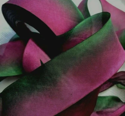 silk ribbon 1.5" on the bias hand dyed 1yd made in USA berry green - Image 1 of 4