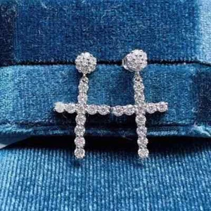 Cross Dangle Earrings 1.33 Ct Lab-Created Diamond 14k White Gold Plated Silver - Picture 1 of 5
