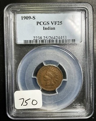 PCGS VF25 1909-S Indian Cent Rare Tough Key San Francisco Date Certified c2 - Image 1 of 2