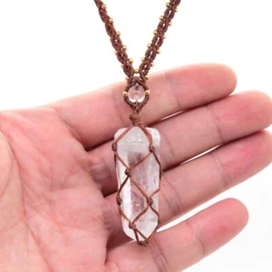 Natural Raw Rock Crystal Pillar Stone Pendant Handmade Braided Macrame Necklace - Picture 1 of 6