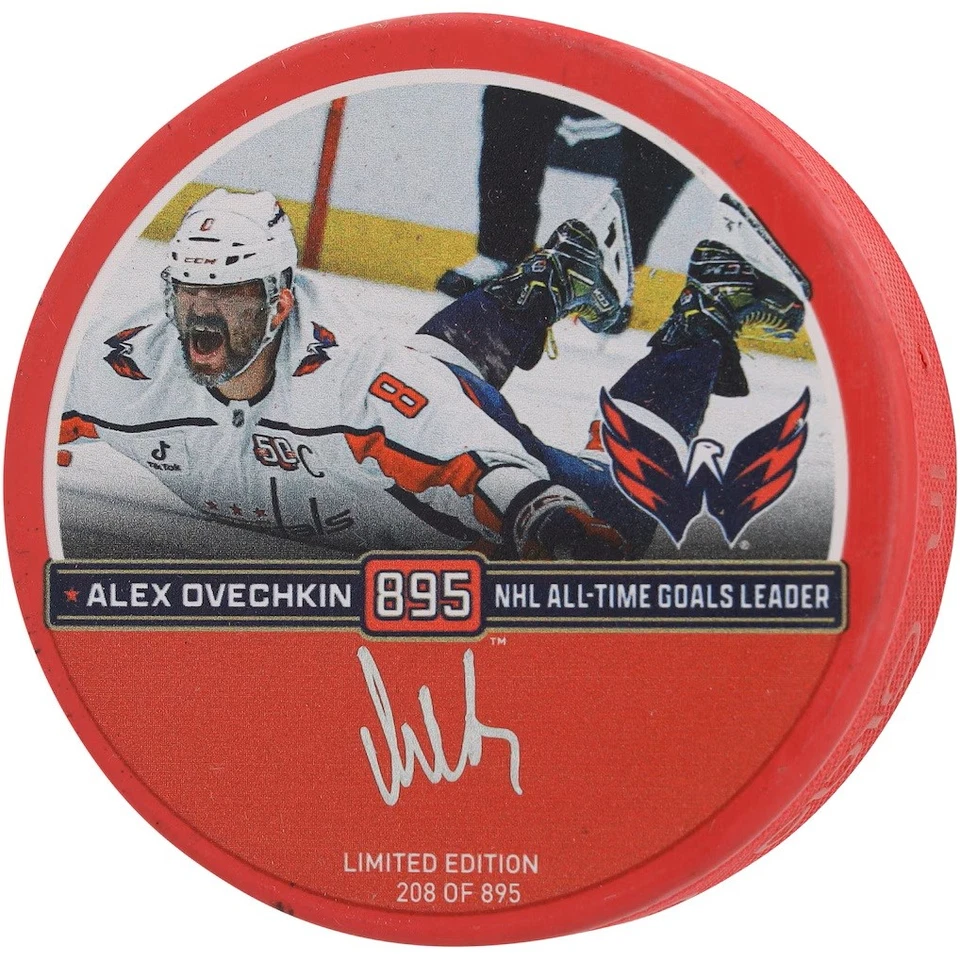 Alexander Ovechkin Firmado Washington Capitals Portería Roja 895 Logo Puck Fanáticos Foto 1 de 2