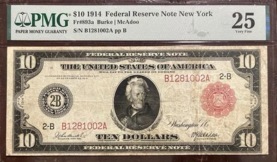 1914 Federal Reserve Of New York $10 Note Red Seal FR 893a PMG VF 25 - Image 1 of 2