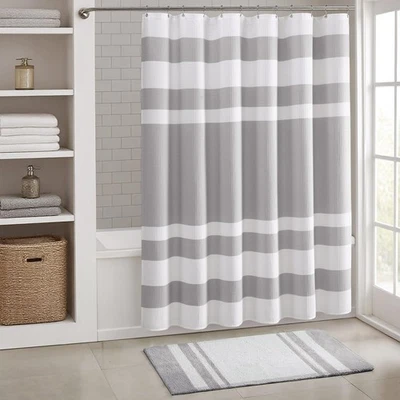 Cortina de Ducha Gris y Blanco Algodón Gofre con Diseño a Rayas Cortina de Ducha... Foto 1 de 4
