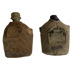 Lote con nombre de cantimplora militar estadounidense de la era de la guerra de Vietnam con cubiertas M-1910 pátina usada en el campo - Imagen 1 de 8