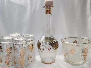 Golden Foliage MCM frosted Tumblers Ice Bucket Gold leaf Decanter Gold Accent - Picture 1 of 18