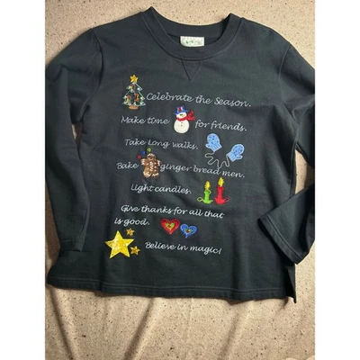 Moletom de Natal bordado de fábrica Quacker pequeno preto feriado festivo - Imagem 1 de 4