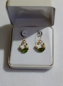 NEW - W/Box - Pierced Earrings Gold Tone W/Genuine Gemstones 1 1/4 in Long - Picture 1 of 9